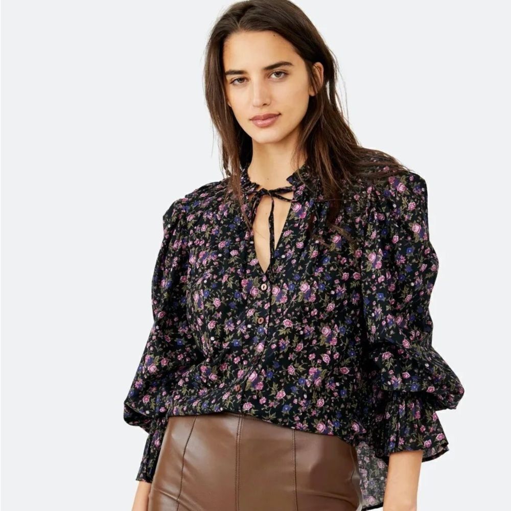 Floral Tie-Neck Blouse in Black and Purple
